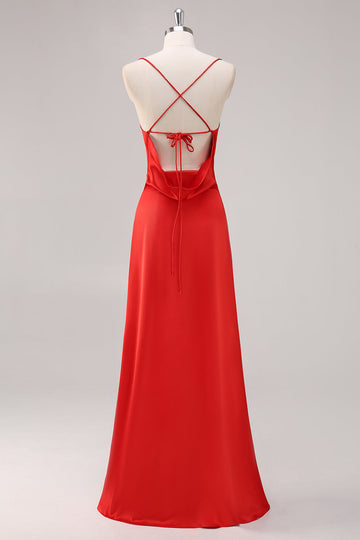 Red Satin Spaghetti Straps Sheath Lace Up Back Long Formal Dress